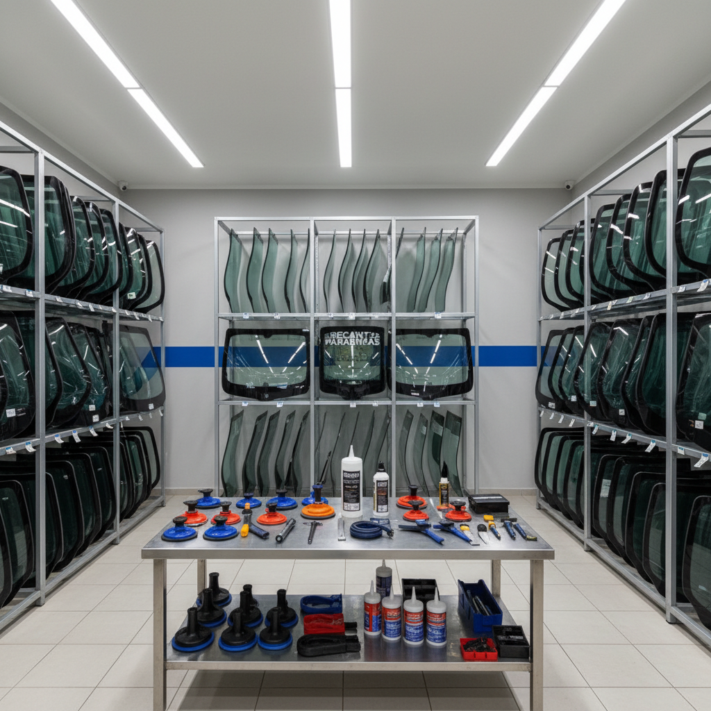 A wide, photographic shot of a bright, organized auto glass workshop interior specializing in national and imported windshields. Several large, vertical racks neatly display different windshield models, each with subtle curvature and black ceramic borders. In the center, a clean workstation holds precision tools, suction cups, and sealing materials arranged in an orderly fashion. Overhead LED lighting casts even, neutral light, minimizing harsh shadows and emphasizing cleanliness. The walls are light gray with a minimalist blue accent stripe that echoes the RECANTO PARABRISAS brand. Captured with a slightly elevated angle and sharp focus throughout, the scene conveys efficiency, professionalism, and readiness for quick quotes and installations.