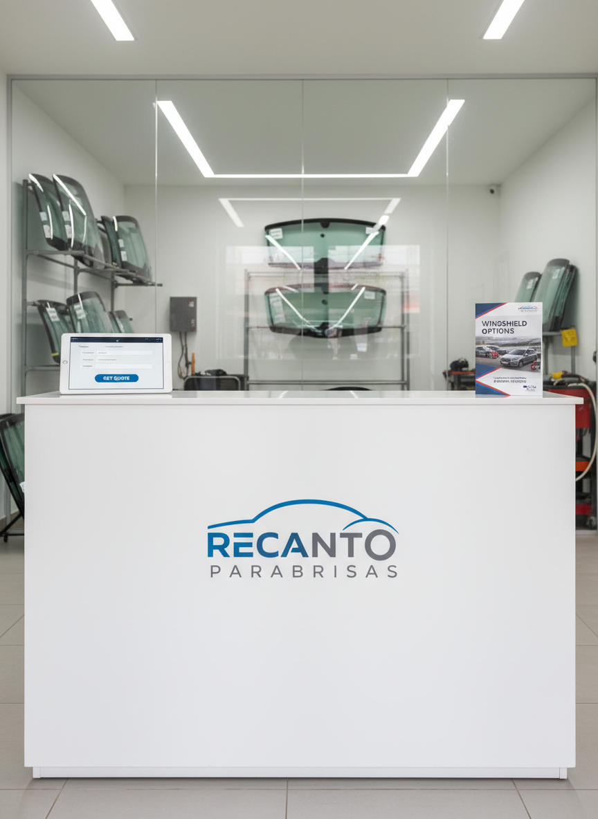 A photographic realism image of a modern reception counter for RECANTO PARABRISAS, with a sleek white surface and a discreet blue and gray logo on the front panel. On the counter rests a tablet displaying a simple windshield quote form, next to a small stack of neatly arranged brochures showing national and imported windshield options. Behind the counter, a glass partition reveals a glimpse of the workshop with racks of windshields slightly out of focus. Soft, even LED ceiling lighting creates a bright, welcoming environment with minimal shadows. Shot straight-on at eye level with a balanced composition, the mood is professional, efficient, and customer-oriented, emphasizing quick quotes and reliable service.