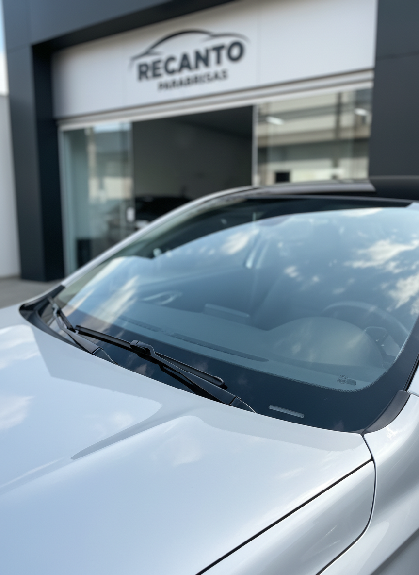 A close-up, photographic realism image of a flawless, slightly curved automotive windshield made of crystal-clear laminated glass, installed on a modern silver sedan. The glass surface reflects a clean blue sky with a few soft clouds, emphasizing its transparency and perfect installation. The car is parked in front of a tidy, contemporary auto glass workshop with a subtle “RECANTO PARABRISAS” sign in the blurred background. Soft daylight creates gentle highlights along the windshield edges and discreet shadows on the car hood. Shot at eye level with a shallow depth of field, the composition feels professional and trustworthy, ideal as a hero image for a windshield business website.