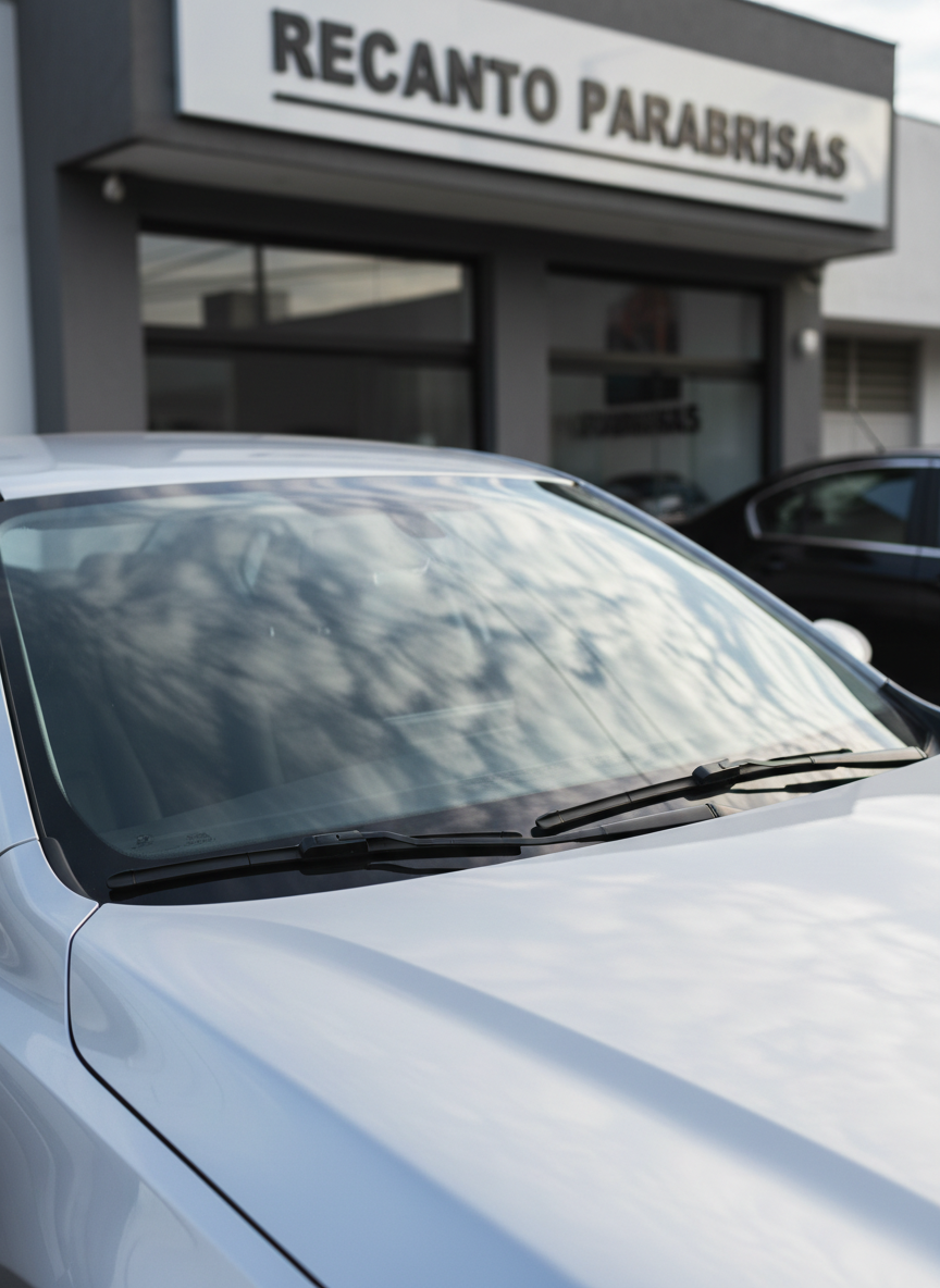 A close-up, photographic realism image of a flawless, slightly curved automotive windshield made of crystal-clear laminated glass, installed on a modern silver sedan. The glass surface reflects a clean blue sky with a few soft clouds, emphasizing its transparency and perfect installation. The car is parked in front of a tidy, contemporary auto glass workshop with a subtle “RECANTO PARABRISAS” sign in the blurred background. Soft daylight creates gentle highlights along the windshield edges and discreet shadows on the car hood. Shot at eye level with a shallow depth of field, the composition feels professional and trustworthy, ideal as a hero image for a windshield business website.