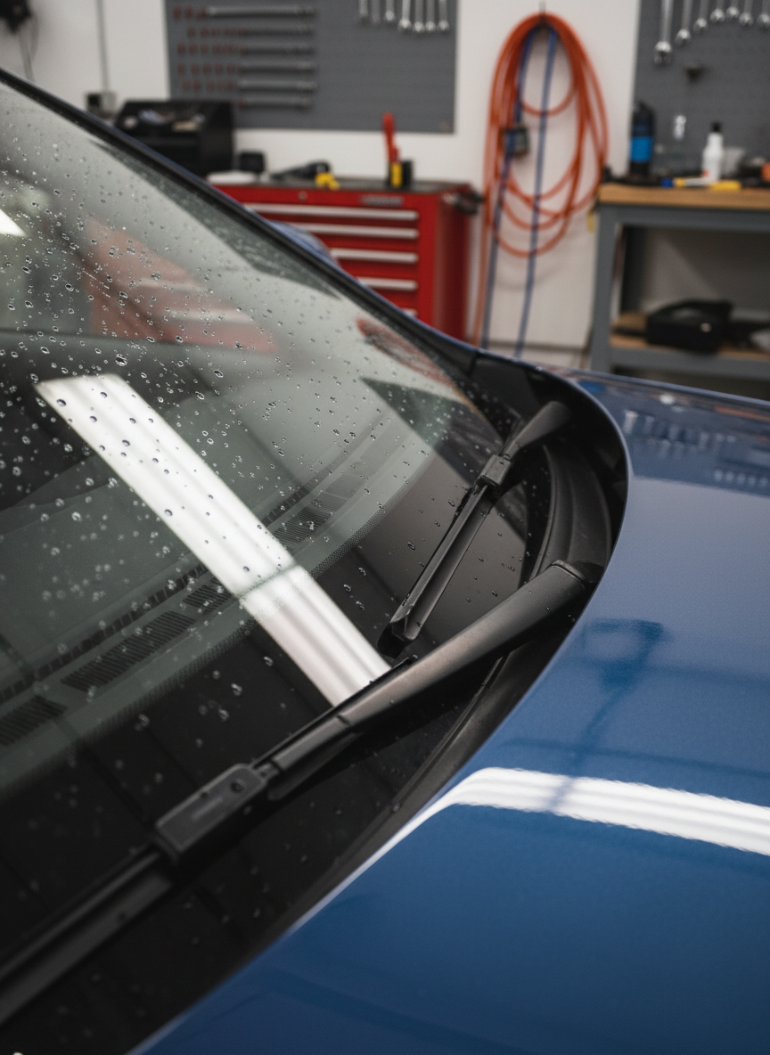 A close, photographic view of a perfectly installed windshield seal on a dark metallic blue vehicle, highlighting the junction between the glass, the black weatherstrip, and the painted metal frame. Tiny water droplets from a recent quality test bead on the glass surface, catching soft workshop lighting. The background is mildly blurred, revealing just hints of tool cabinets and a tidy workbench. Side lighting from a large window creates subtle reflections and a crisp edge along the glass, emphasizing craftsmanship and attention to detail. Captured with a macro-style, shallow depth of field composition, the atmosphere is meticulous, technical, and reassuring about installation quality.