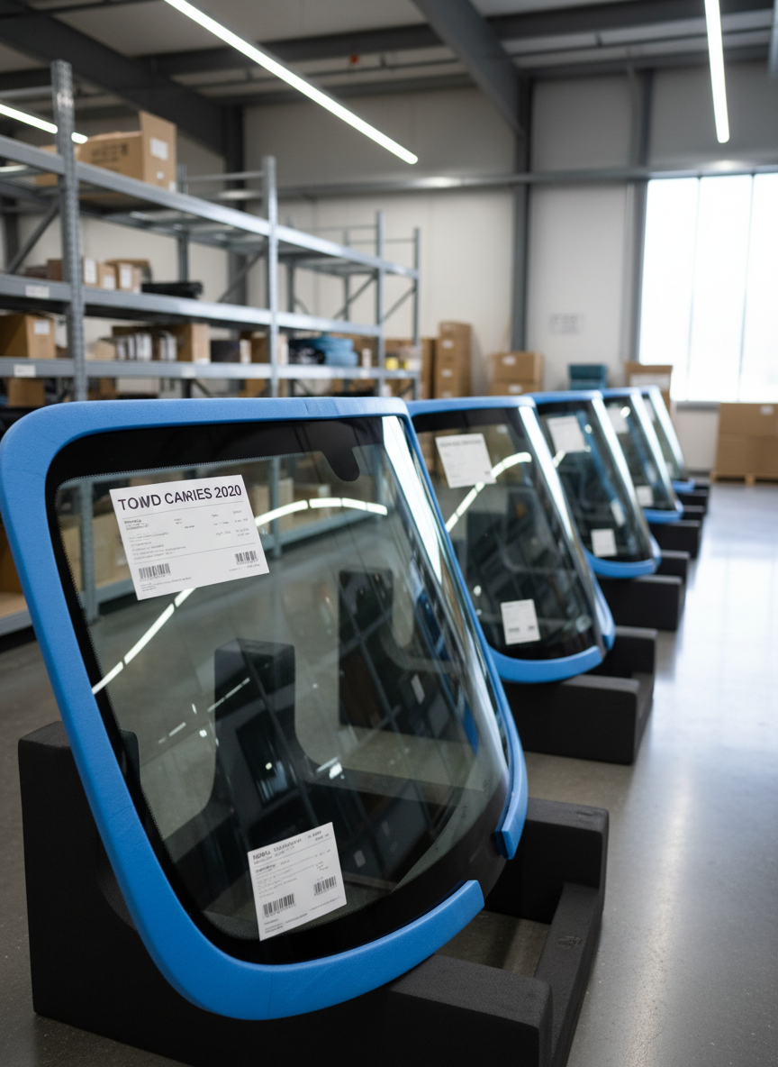 A detailed, photographic realism image of multiple labeled windshields for various car brands, both national and imported, leaned in a careful row on padded supports inside a well-lit storage area. Each glass piece has protective edge wrapping and small barcoded tags indicating model and year, subtly in focus. The floor is smooth, polished concrete, and the shelving behind is metal, painted in a clean matte gray. Soft overhead lighting and a side window with diffused daylight combine to create balanced illumination, with delicate reflections shimmering on the glass surfaces. Shot at a three-quarter angle with moderate depth of field, the image feels precise, organized, and highly professional.